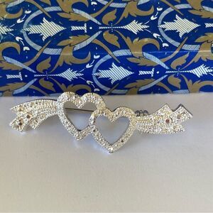 Vintage silver tone double heart rhinestone bar Pin Brooch